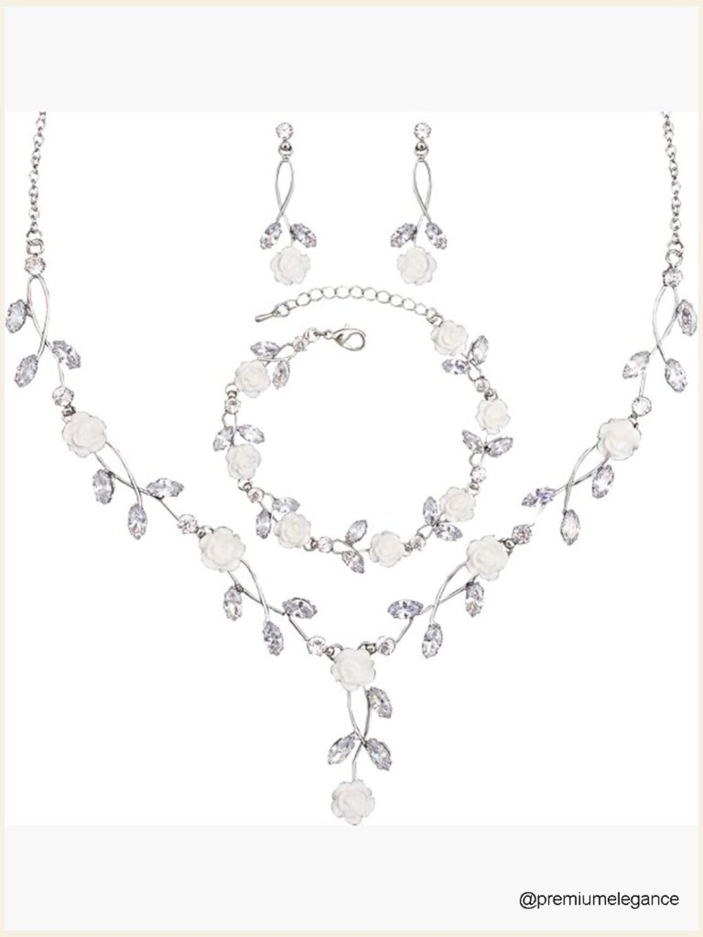 White Flower Cubic Zirconia Necklace Earring Bracelet Set